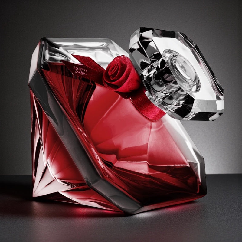 Lancôme La Nuit Trésor Rouge Drama perfume styled in a dark, romantic setting
