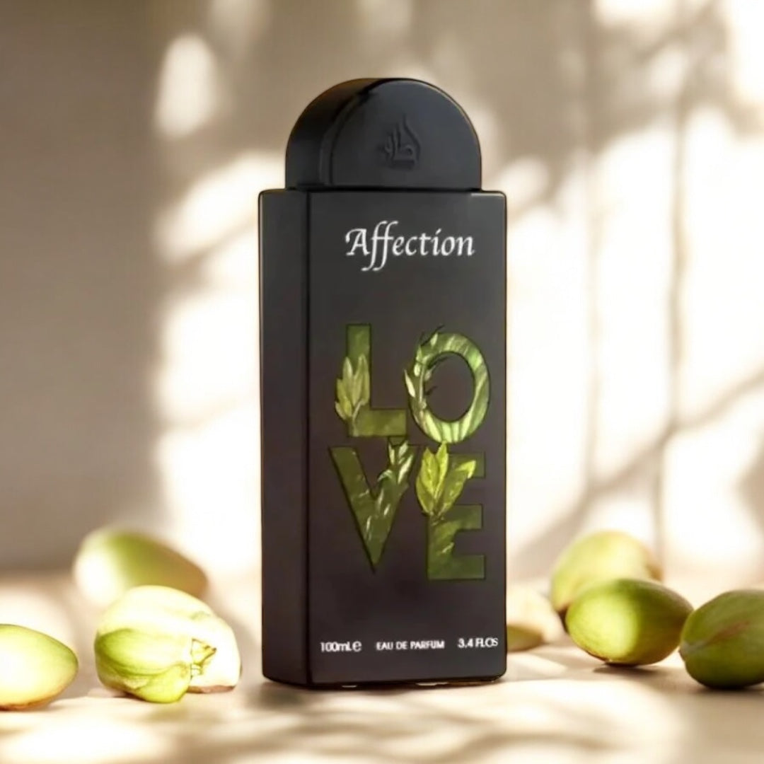 Lattafa Affection sample - nutty fruity vanilla fragrance styled in a lifestyle setting