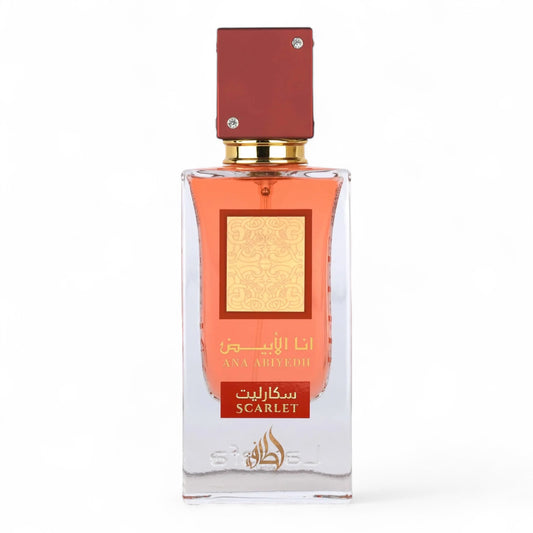 Lattafa Ana Abiyedh Scarlet fragrance sample - black cherry, rose and caramel vanilla perfume