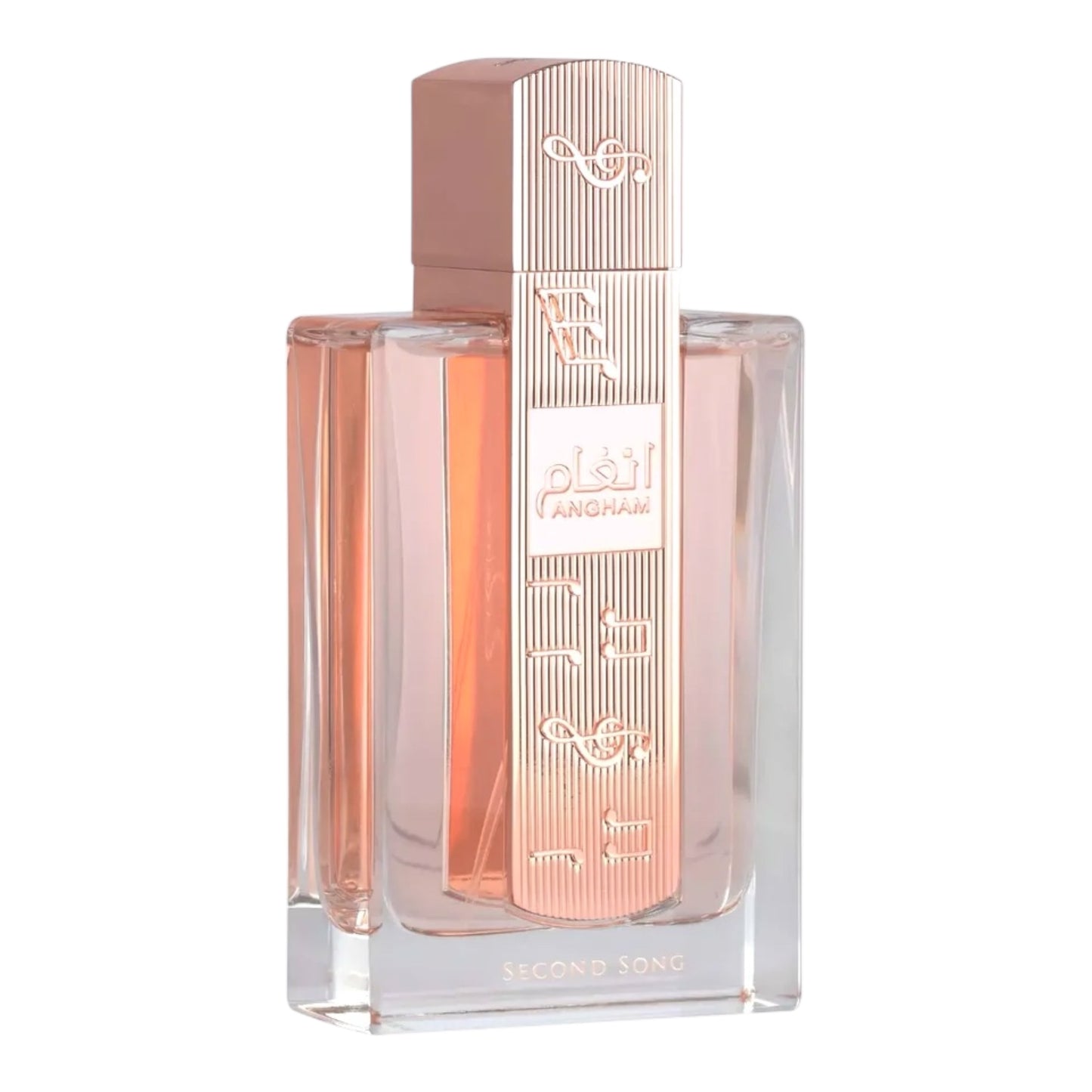 Lattafa Angham Second Song perfume bottle on white background