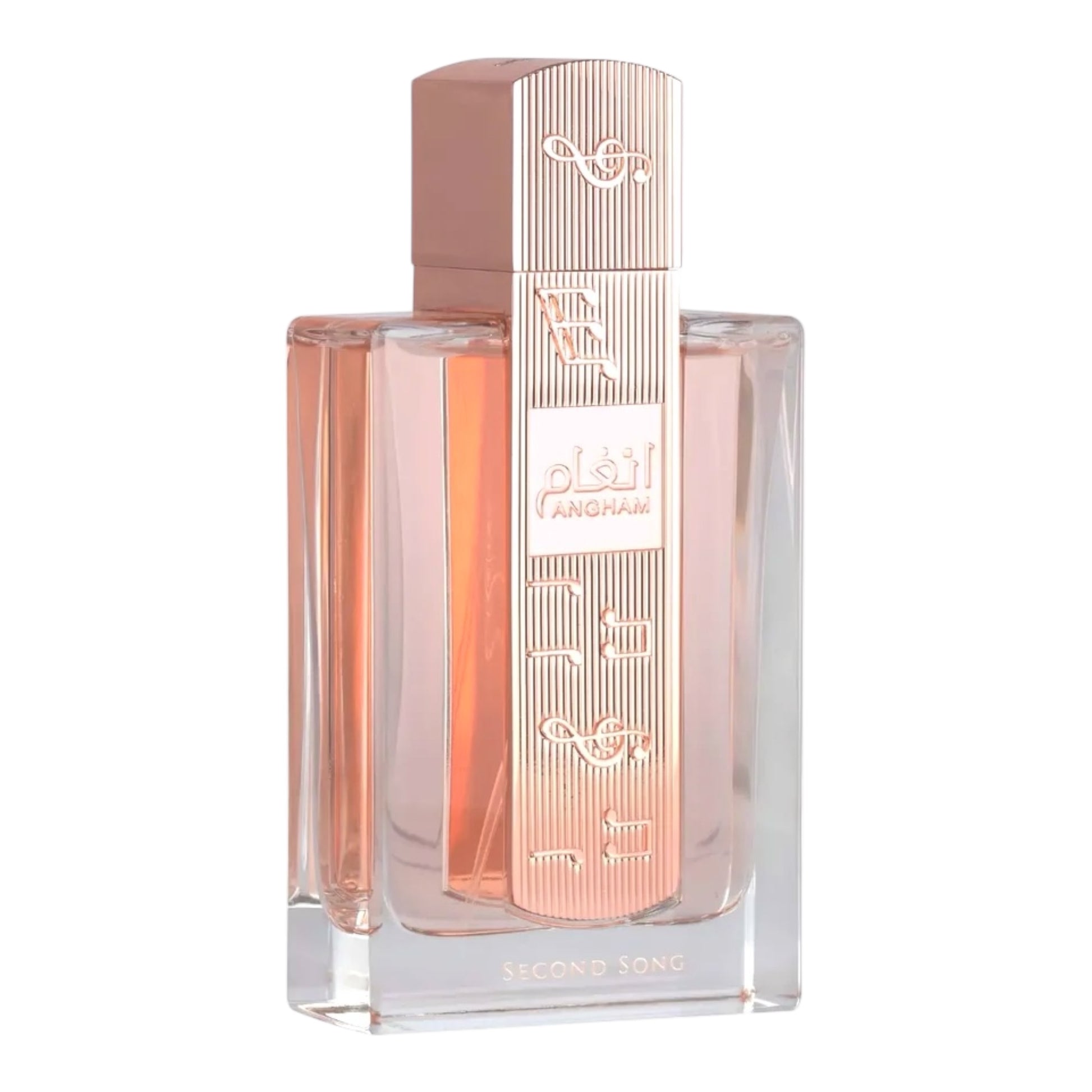 Lattafa Angham Second Song perfume bottle on white background