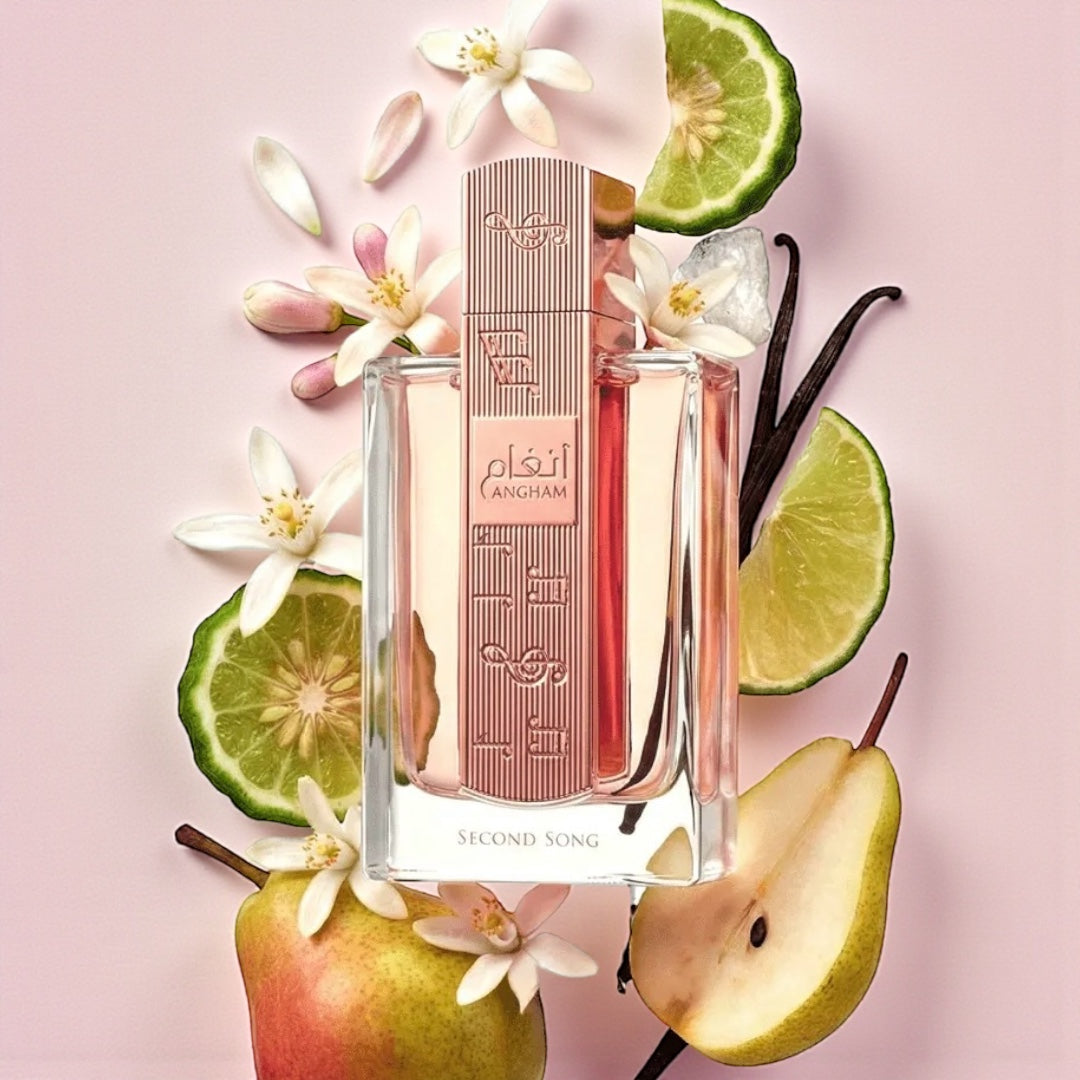 Lattafa Angham Second Song perfume styled in an elegant, airy fruity floral setting