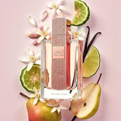 Lattafa Angham Second Song perfume styled in an elegant, airy fruity floral setting