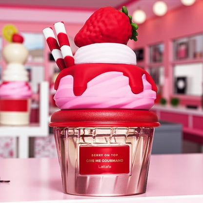 Lattafa Berry On Top perfume sample – strawberry jam, vanilla and whipped cream notes styled in a soft pink dessert-inspired setting.