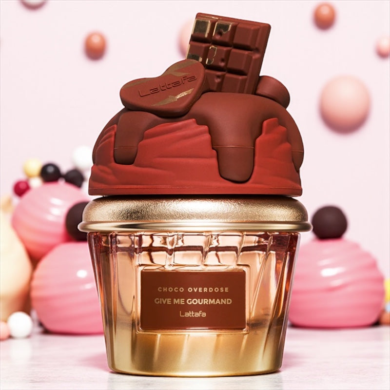 Lattafa Choco Overdose perfume sample – dark chocolate fudge, caramel and vanilla notes styled in a rich dessert-inspired setting.