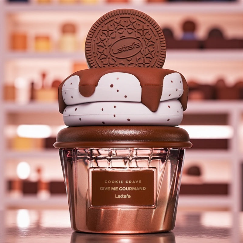 Lattafa Cookie Crave perfume sample – cookie, vanilla cream and cocoa butter notes styled in a warm dessert-inspired setting.