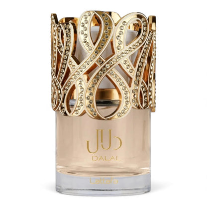 Lattafa Dalal fragrance sample, a sweet floral fruity scent with mandarin, jasmine and vanilla shown in retail bottle for decanting.