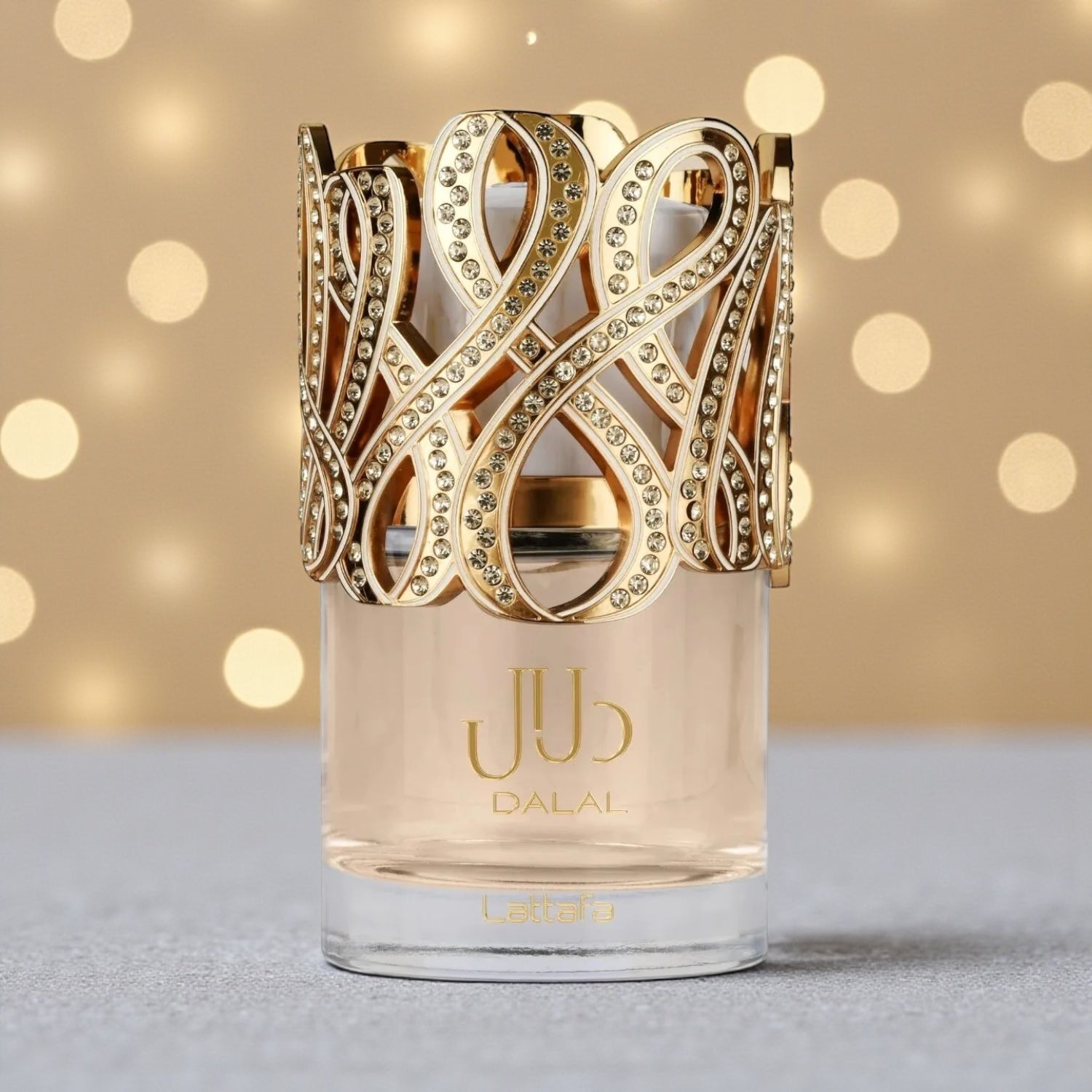 Lattafa Dalal perfume sample styled in a soft warm setting to highlight its mandarin, apple and vanilla notes.