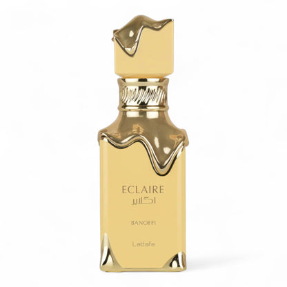 Lattafa Eclaire Banoffi fragrance sample – retail bottle shown for decanting into 1ml–10ml samples.