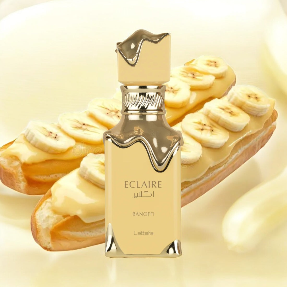 Lattafa Eclaire Banoffi perfume sample – decadent gourmand with banana cream, dulce de leche, praline and biscuit, styled in a cozy dessert-inspired setting.
