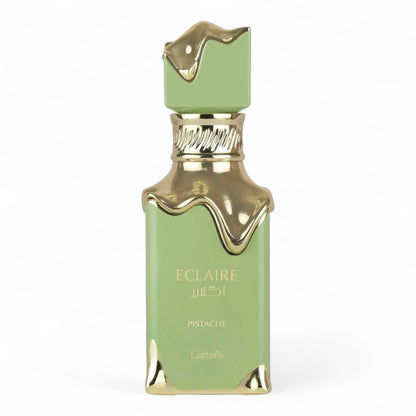 Lattafa Eclaire Pistache fragrance sample – retail bottle shown for decanting into 1ml–10ml samples.