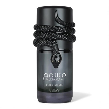 Lattafa Musamam Black Intense fragrance sample, a bold woody aromatic scent with lavender, nutmeg and cedarwood shown in retail bottle for decanting.