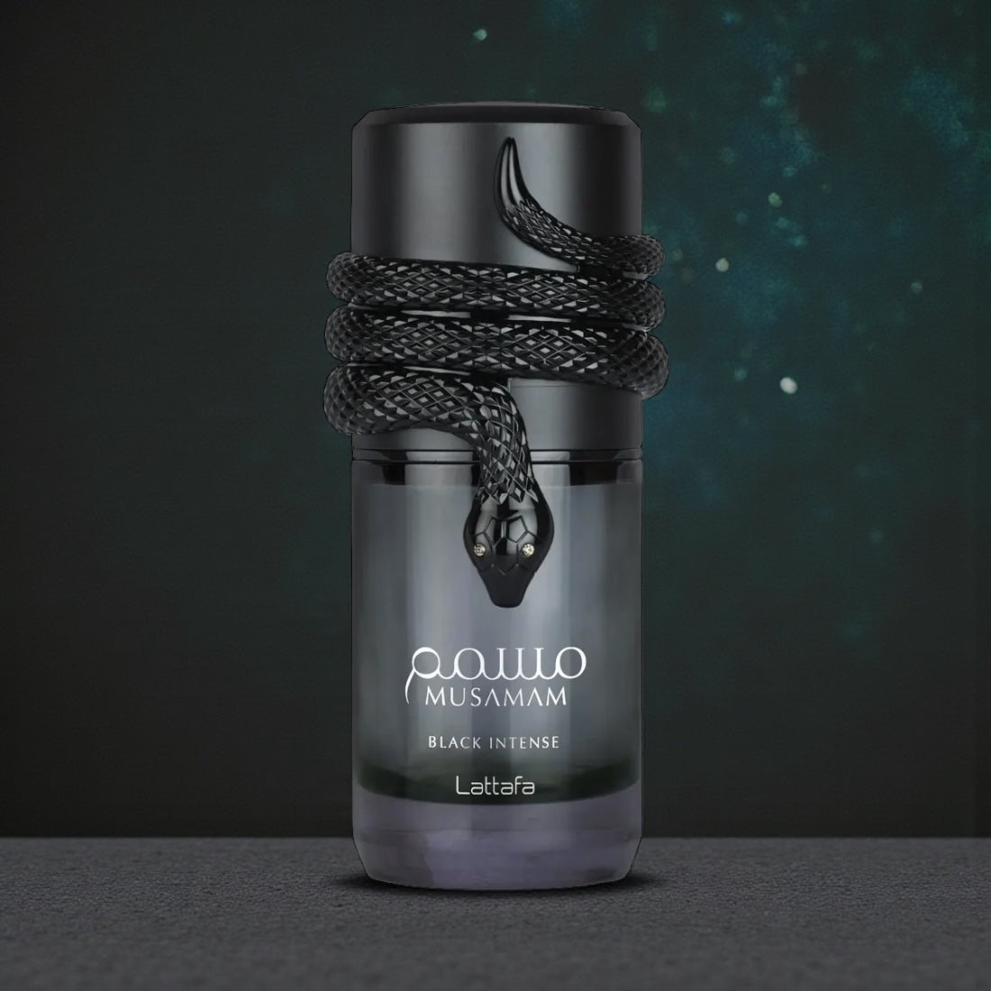 Lattafa Musamam Black Intense perfume sample styled in a dark modern setting to highlight its lavender, cedarwood and tonka notes.