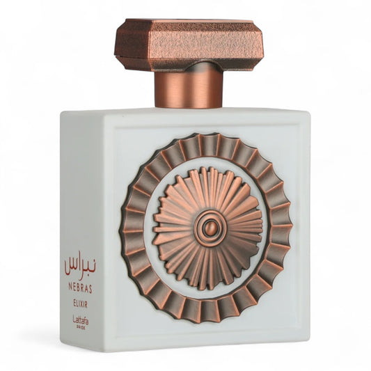 Lattafa Nebras Elixir fragrance sample – retail bottle shown for decanting into 1ml–10ml samples.