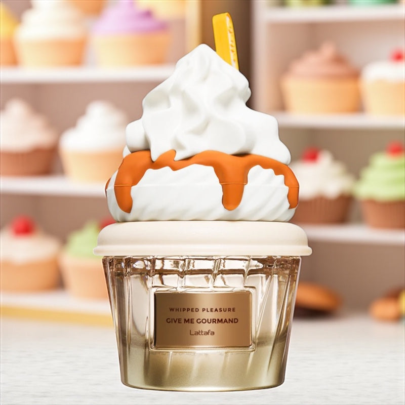 Lattafa Whipped Pleasure perfume sample – caramel, milk and tonka notes styled in a warm, creamy dessert-inspired setting.