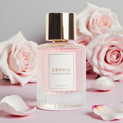 LEDDA 16 Scenic Rose perfume styled in a soft, romantic setting with pink roses