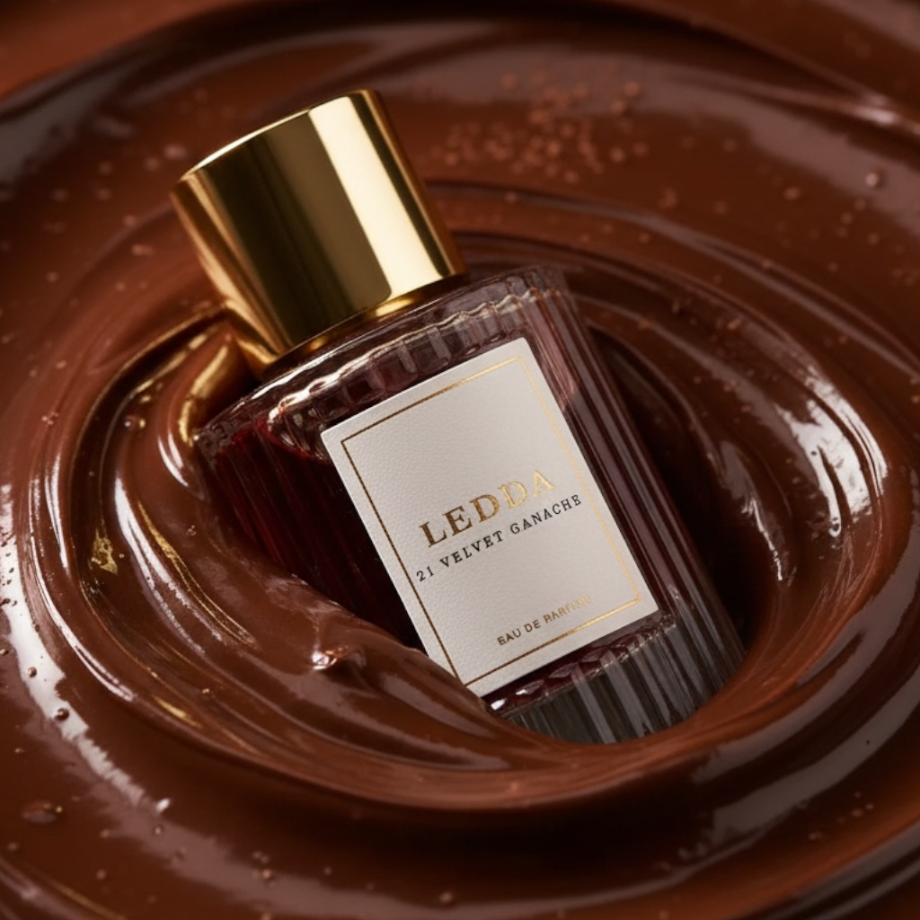 LEDDA 21 Velvet Ganache perfume styled in a rich, dessert-inspired setting