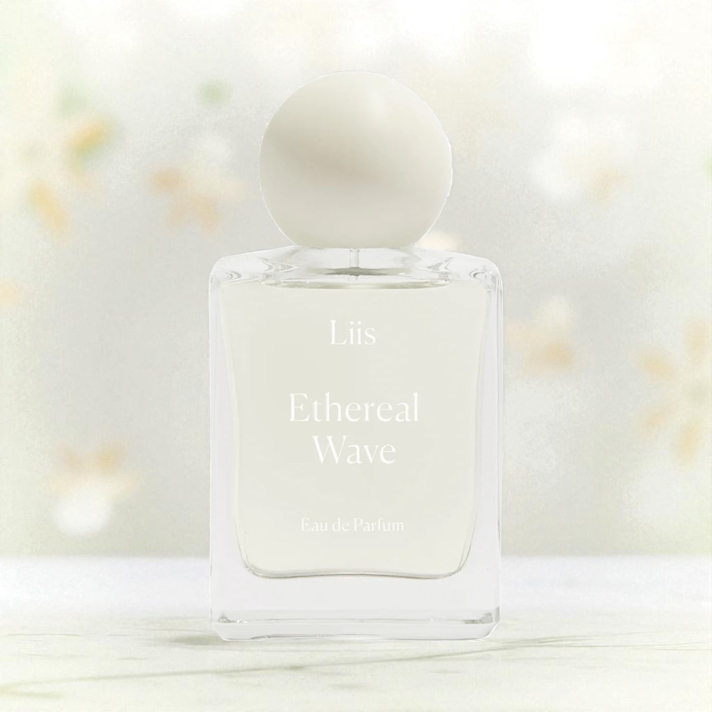 Liis Ethereal Wave perfume sample – airy tea notes with soft woods in a serene lifestyle setting.