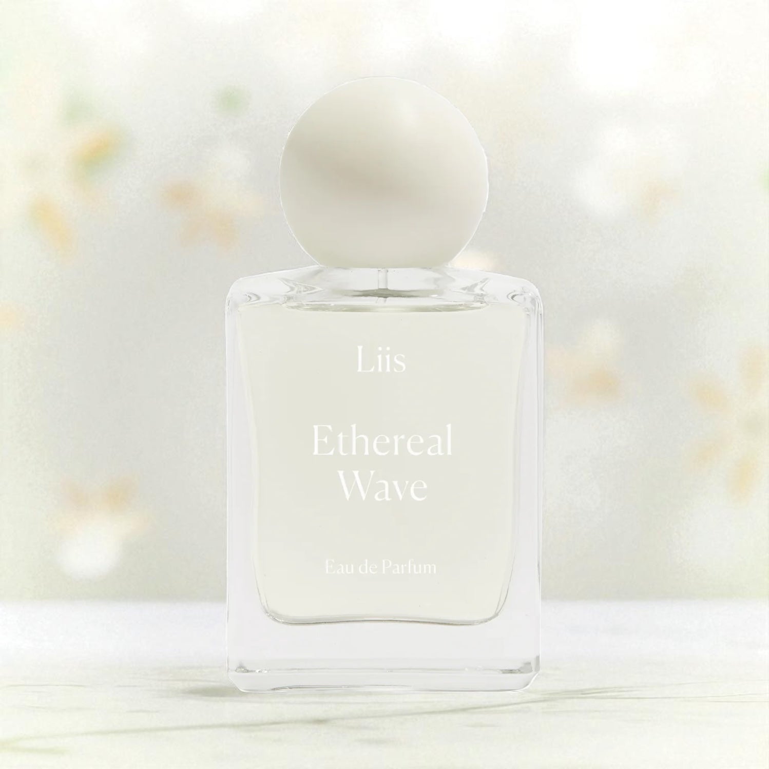 Liis Ethereal Wave perfume sample – airy tea notes with soft woods in a serene lifestyle setting.