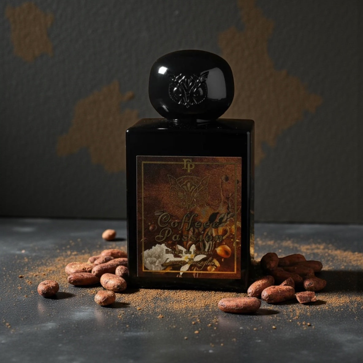 Lorenzo Pazzaglia Coffee Passion perfume sample styled in a warm coffee inspired setting to highlight its roasted coffee, caramel and coconut milk notes.
