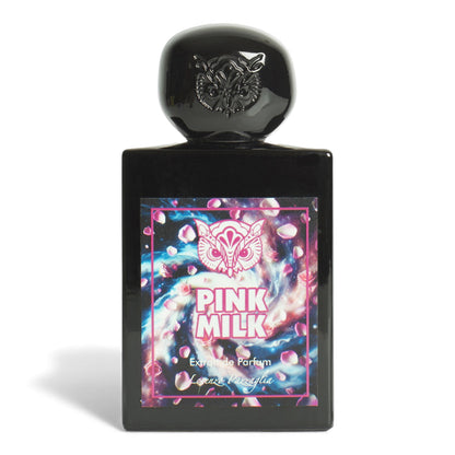 Lorenzo Pazzaglia Pink Milk fragrance sample, a creamy fruity floral scent with rose, sweet milk and vanilla shown in retail bottle for decanting.