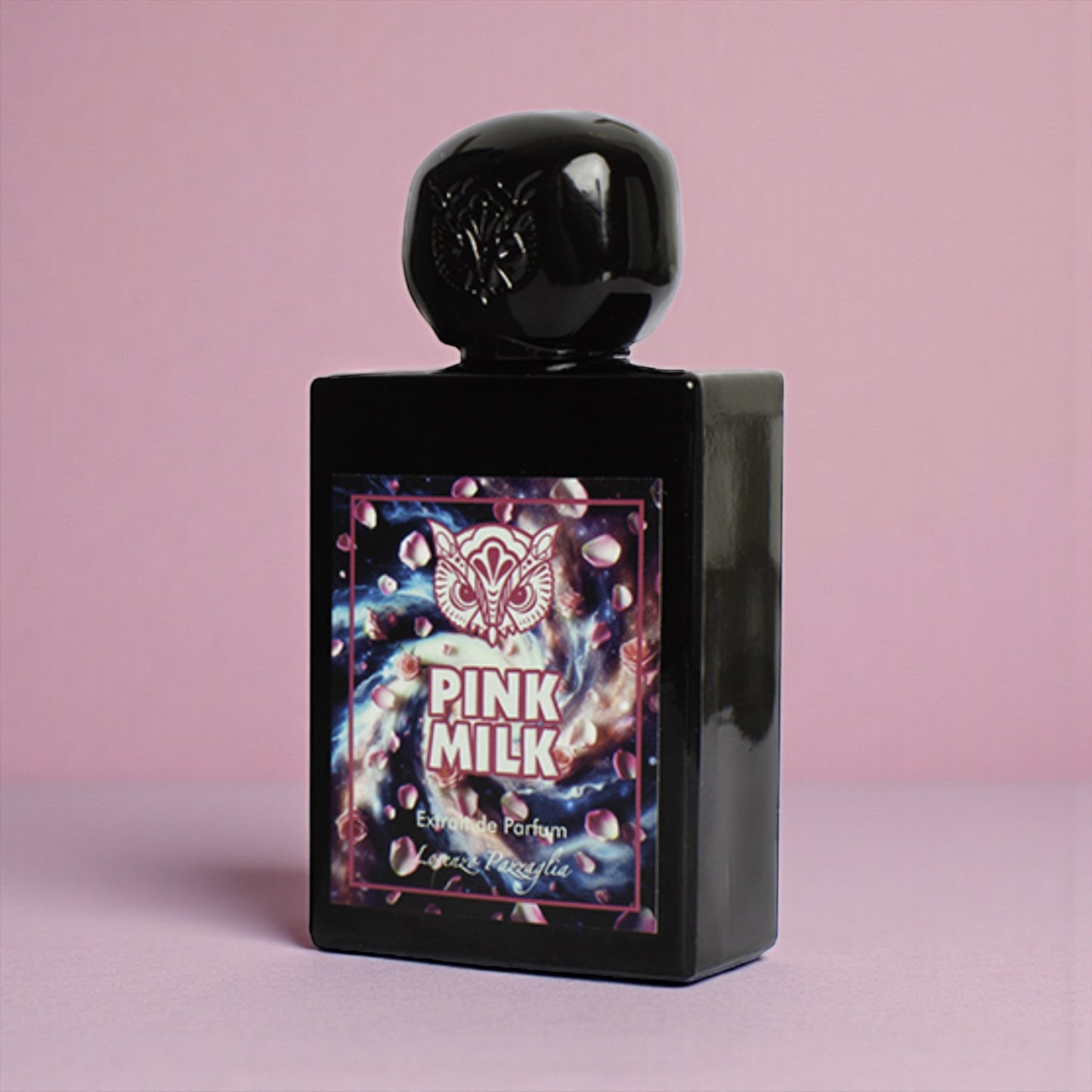 Lorenzo Pazzaglia Pink Milk perfume sample styled in a soft bright setting to highlight its rose petals, sweet milk and citrus notes.