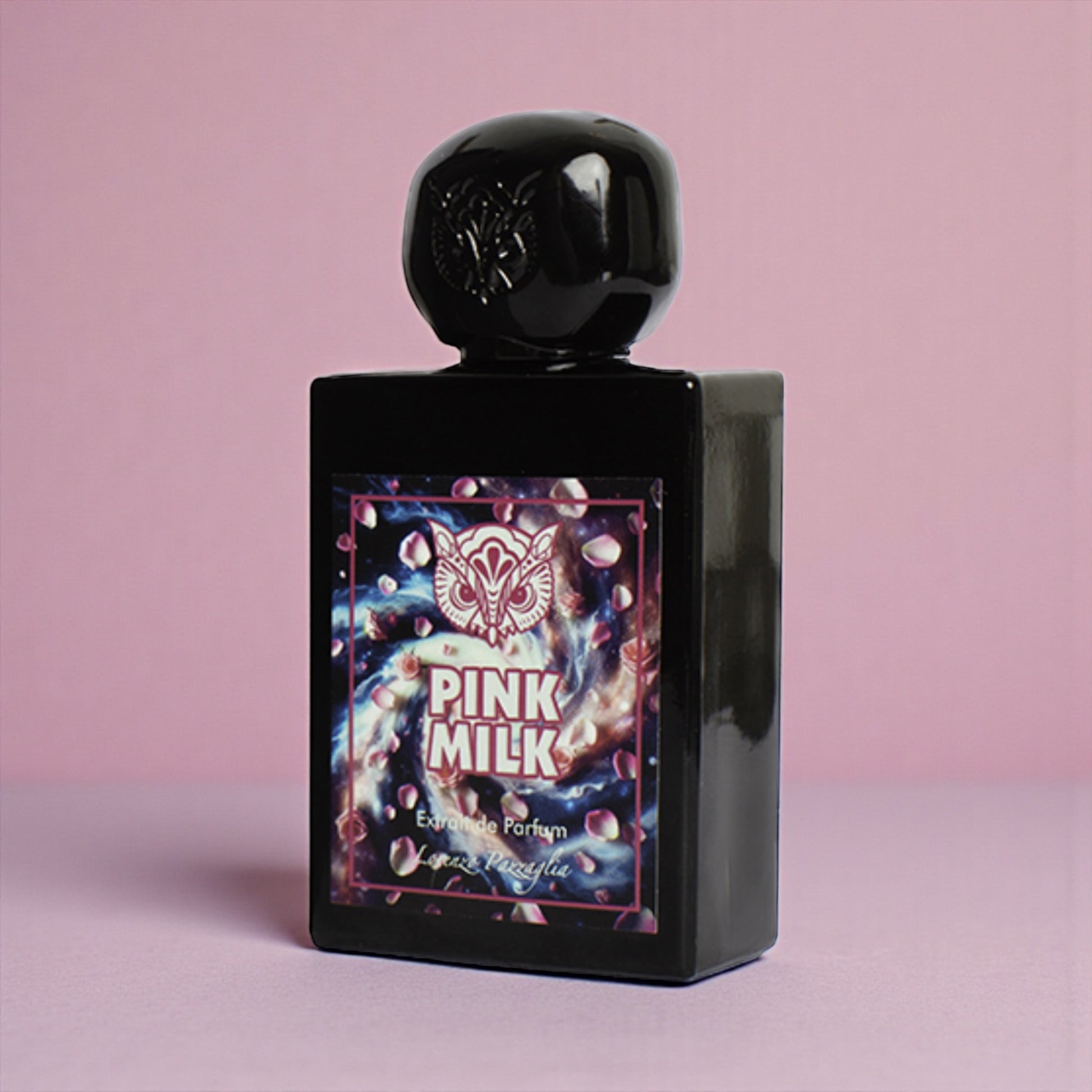 Lorenzo Pazzaglia Pink Milk perfume sample styled in a soft bright setting to highlight its rose petals, sweet milk and citrus notes.