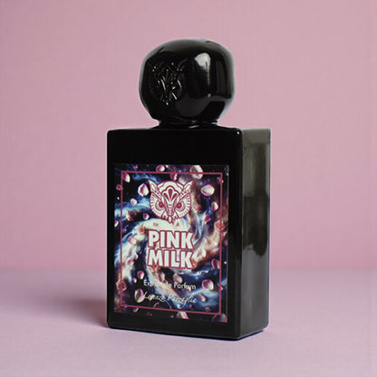 Lorenzo Pazzaglia Pink Milk perfume sample styled in a soft bright setting to highlight its rose petals, sweet milk and citrus notes.