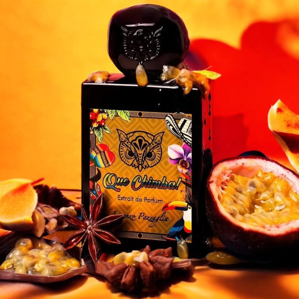 Lorenzo Pazzaglia Que Chimba perfume sample - tropical and spicy fragrance styled with passionfruit and star anise on summer background