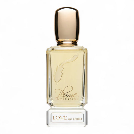 A decant of Plume Impression Love No Shame, a floral gourmand scent with cherry, rose, and cocoa, available in perfume samples.