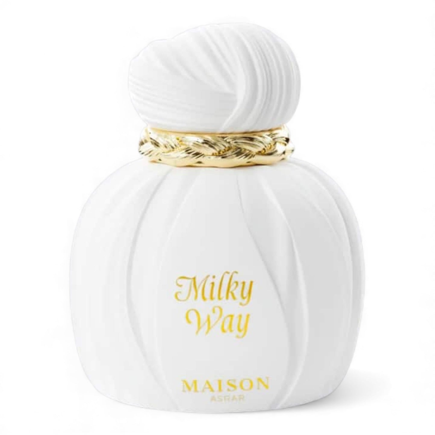 Maison Asrar Milky Way fragrance sample, a creamy gourmand scent with caramel, sweet milk and plum shown in retail bottle for decanting.