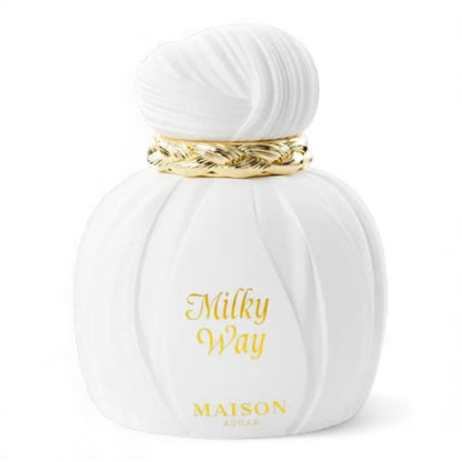 Maison Asrar Milky Way fragrance sample, a creamy gourmand scent with caramel, sweet milk and plum shown in retail bottle for decanting.