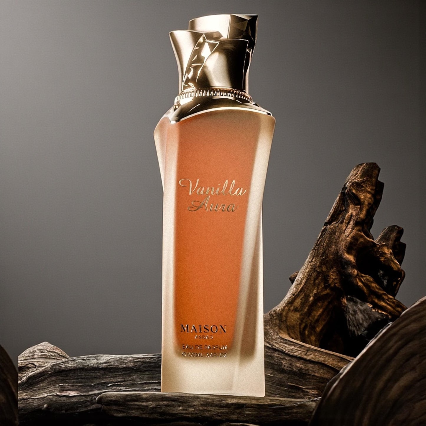 Maison Asrar Vanilla Aura perfume sample – caramel, chocolate, and amber notes styled in a soft, golden light.