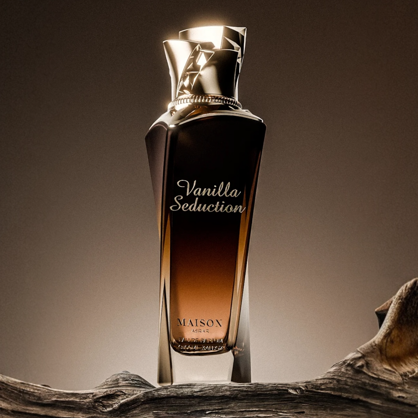 Maison Asrar Vanilla Seduction perfume sample – plum, vanilla, and brown sugar notes styled in a warm, golden setting.