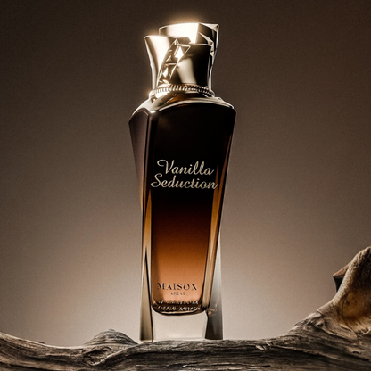 Maison Asrar Vanilla Seduction perfume sample – plum, vanilla, and brown sugar notes styled in a warm, golden setting.