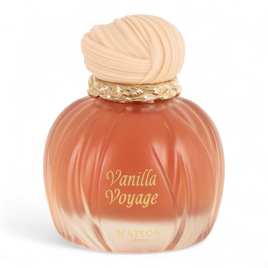Maison Asrar Vanilla Voyage fragrance sample - buttery caramel, honey and vanilla scent. Full-size 100ml bottle shown.