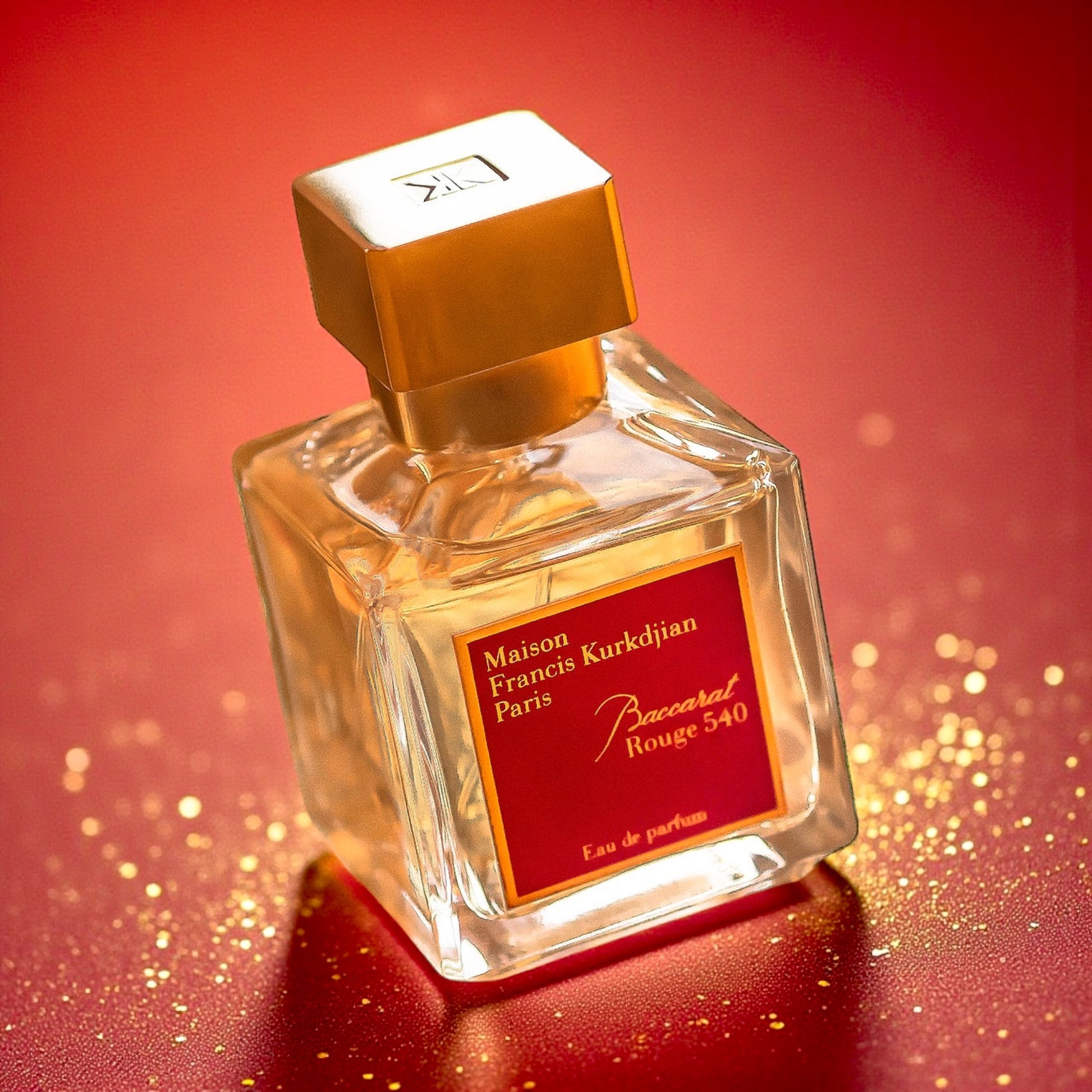 Baccarat Rouge 540 perfume sample styled in a warm, glowing setting highlighting its woody amber and airy floral character.