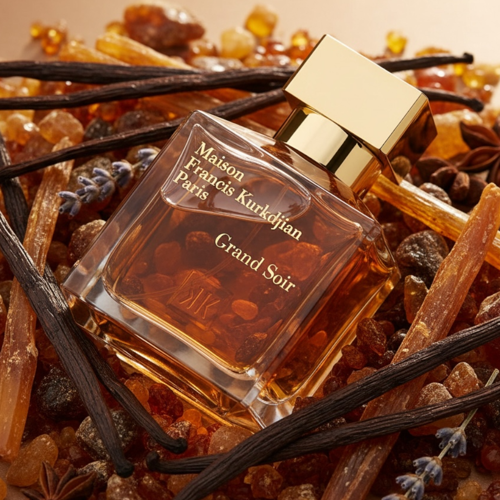 Maison Francis Kurkdjian Grand Soir perfume bottle surrounded by vanilla beans and spices