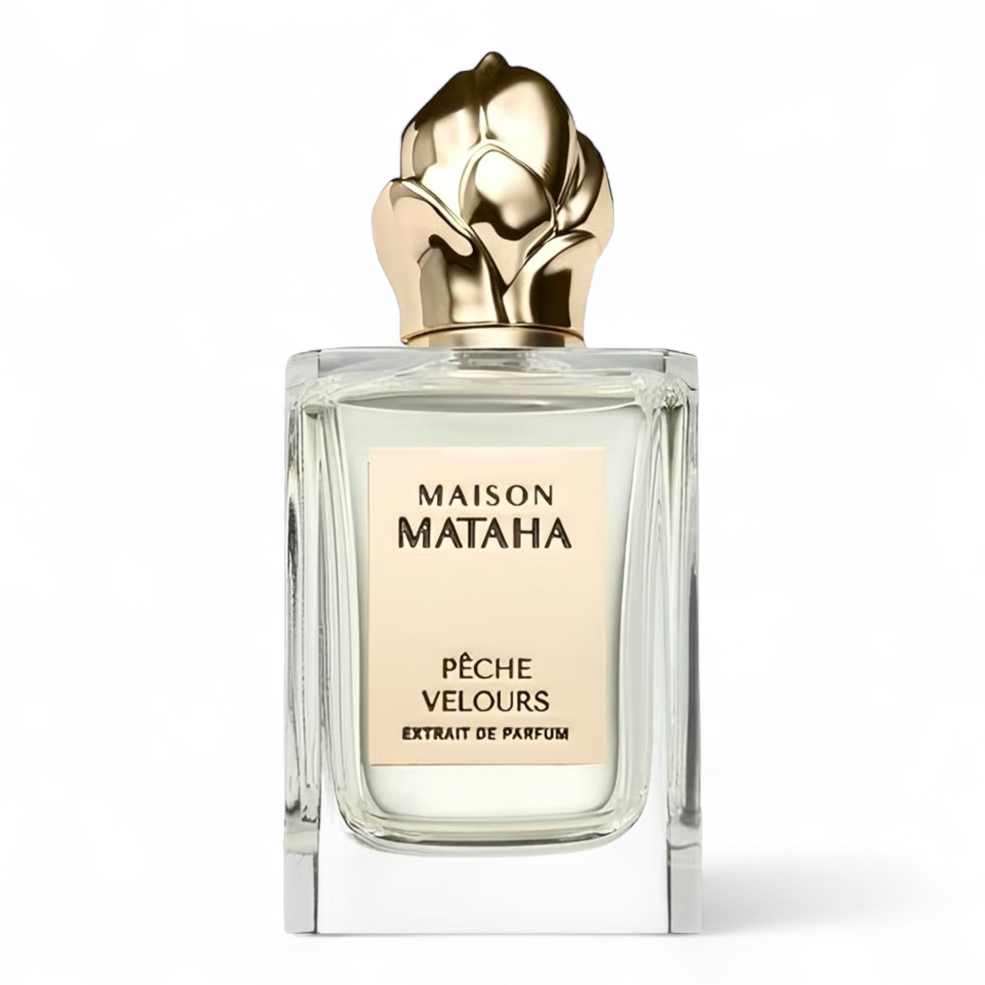Maison Mataha Pêche Velours fragrance sample - peach, white florals and vanilla perfume. Full-size 100ml bottle shown