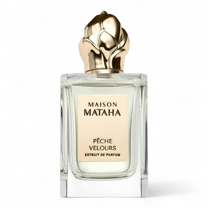 Maison Mataha Pêche Velours fragrance sample - peach, white florals and vanilla perfume. Full-size 100ml bottle shown