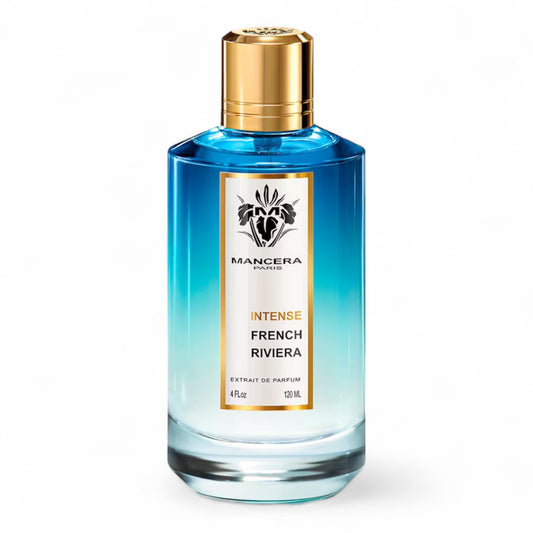 Mancera French Riviera Intense fragrance sample - citrus, oud and ambergris scent with sea salt and mimosa. 120ml full-size bottle shown