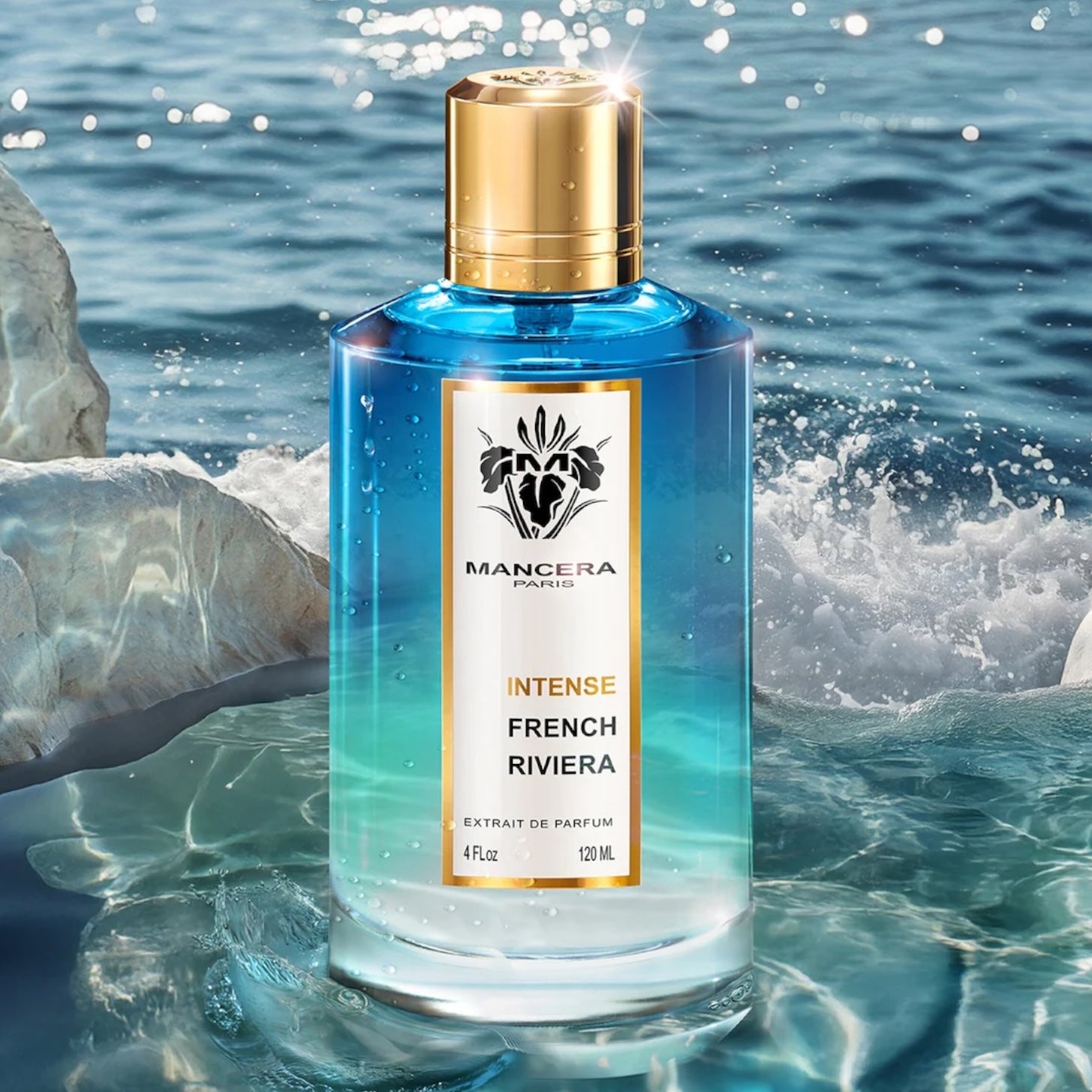 Mancera French Riviera Intense perfume sample - citrus and oud fragrance styled in a warm, golden-hour coastal setting