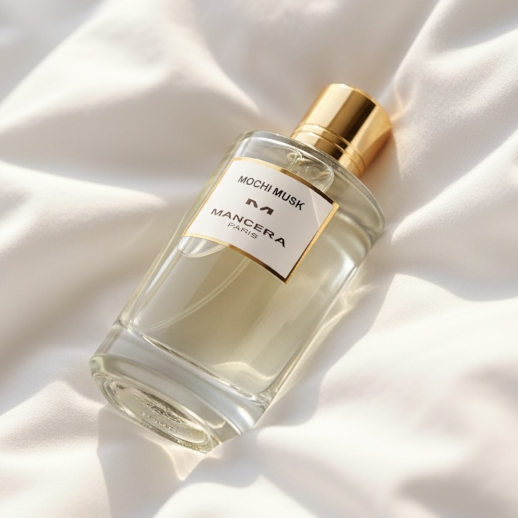 Mancera Mochi Musk perfume styled in a soft sunny setting