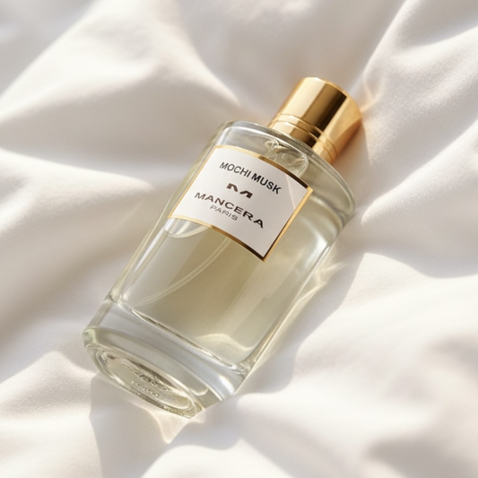 Mancera Mochi Musk perfume styled in a soft sunny setting