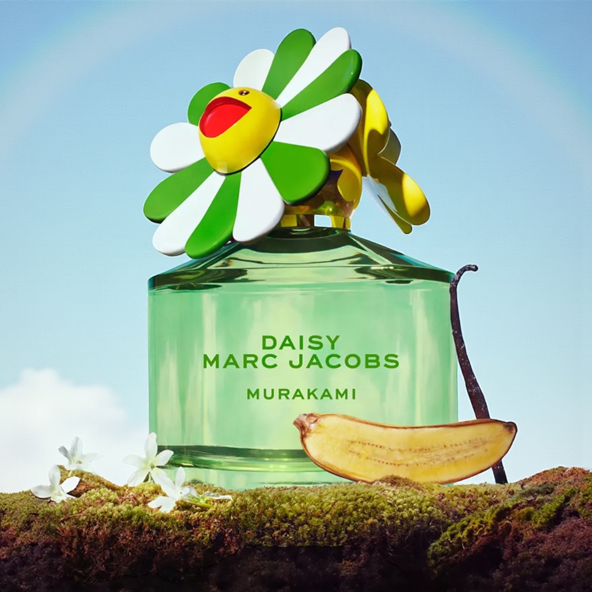 Marc Jacobs Daisy Murakami Green perfume styled in a bright, playful setting