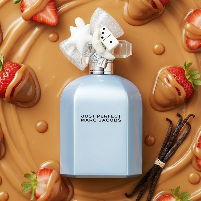 Marc Jacobs Just Perfect styled with strawberries, caramel and vanilla
