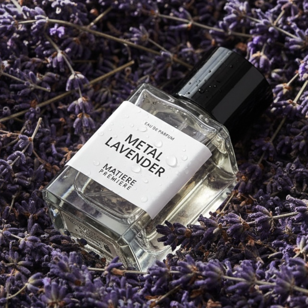 Matière Première Metal Lavender perfume styled in a dried lavender setting