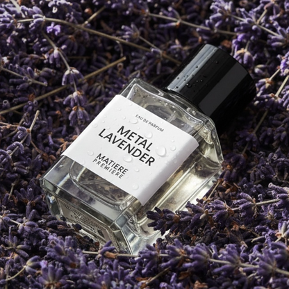 Matière Première Metal Lavender perfume styled in a dried lavender setting