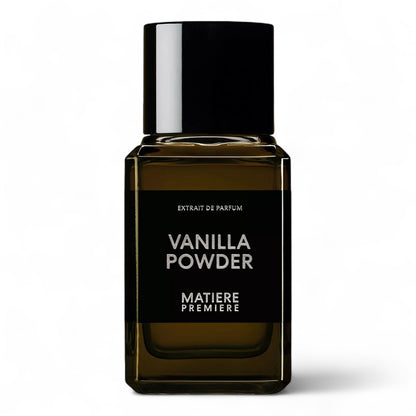 Matiere Premiere Vanilla Powder Extrait fragrance sample – creamy vanilla, coconut powder and white musk, pictured with 100ml full-size bottle