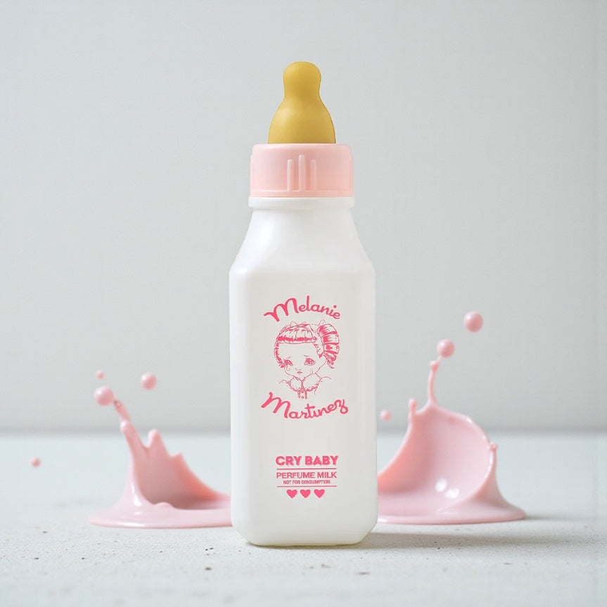Martinez Cry Baby Perfume Milk perfume sample styled in a soft playful setting to reflect its strawberry milk, baby lotion and caramel notes.